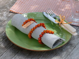 Sorbus aucuparia (rowan) threaded on wire as a napkin ring