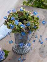Kranz aus Hortensienblüten in Grün und Blau liegend auf Vase