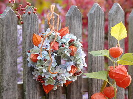 Hängender Kranz aus Hortensien und Lampionblumen