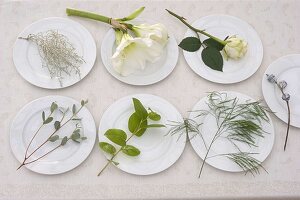 Ingredients for white bouquet with Hippeastrum (Amaryllis), pink (roses)