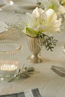 Festive amaryllis table decoration in white and silver