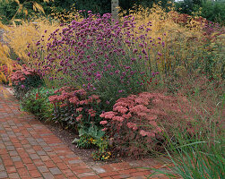 Staudenbepflanzung im ummauerten Garten mit Stipa gigantea, Verbena bonariensis, Sedum spectabile 'Matrona'