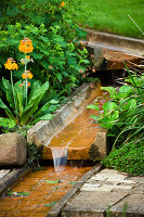 Wasserspiel: Rinnsal auf verschiedenen Ebenen mit Primula daneben.