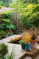 Blick auf den hinteren Garten mit Holzterrasse und Holzsteg, vorbei am Teich mit Phormium- und Gräserbehältern