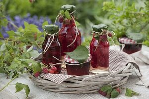 Himbeeren (Rubus) als Gelee, Sirup und eingelegt in Essig als Himbeeressig