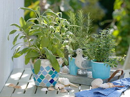 Gluing clay pots with turquoise mosaic