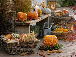 Autumn terrace with pumpkin decoration