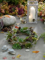 Wreath of clematis, hedera, lichen-covered branches