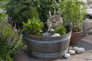 Hand-potted water feature in a wooden tubby