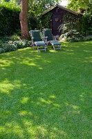 Liegen im Schatten unter großem Baum, Gartenhaus, Beete mit Schattenstauden