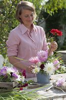 Woman puts bouquet of Dahlia (dahlias) in enamelled bucket