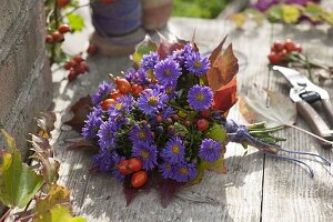 Kleiner Strauß aus Aster (Herbstastern), Rosa (Hagebutten) und Blättern