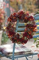 Autumn wreath made of chrysanthemum (autumn chrysanthemum), hydrangea