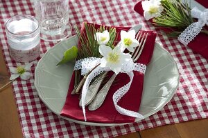 Christmas table decoration with Helleborus niger (Christmas rose)