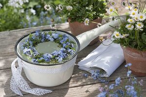 Wreath made of Myosotis (forget-me-not) floating in an enamelled pot