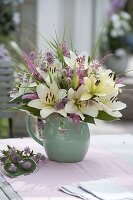 White-pink bouquet with Lilium asiaticum (Lilies), Astrantia (Starthistle)