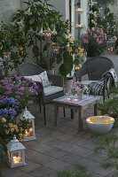 Evening terrace with scented plants and lights
