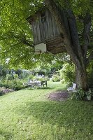 Baumhaus im Walnussbaum, Baumbank und Sitzgruppe auf dem Rasen