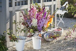 Late summer bouquet with Gladiolus (gladiolus), branches of Malus