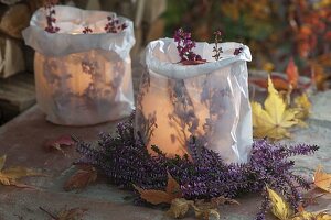 Heather wreath with lantern in paper bag