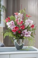 Lush bouquet of Cymbidium (Kahnorchis), Anthurium (Flamingo flowers)