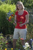 Frau pflückt Blumen im Bauerngarten