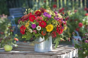 Colourful bouquet with zinnia (zinnias), blackberries (rubus) and fennel