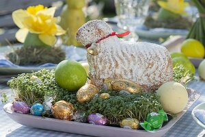 Covered Easter table with daffodils