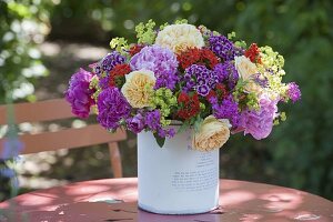 Colorful bouquet in Tin Box, Paeonia (Peony), Pink (Rose)