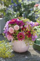 Fragrant bouquet of pink, zinnia and fennel flowers