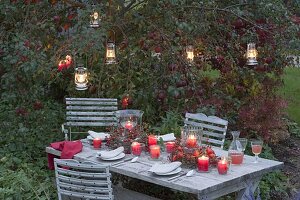 Autumn table decoration with lanterns in wreaths of rose twigs