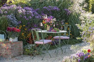 Colorful cottage's garden bouquet on the table at the aster bed