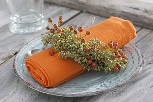 Serviette in Kränzchen aus Samenständen von Fenchel (Foeniculum)