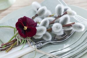 Small salix (kitten pasture) bouquet with viola flowers