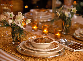 Table decoration with Helleborus niger (Christmas rose), Pinus strobus