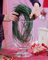 Amaryllis arrangement (1/5). Cytisus (broom) pressed into a vase to help with insertion