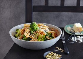 Penne with broccoli and three-nut pesto (vegetarian)