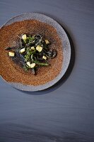 Grüner Spargel aus Gotland, Farnspitzen mit schwarzem Skilleby-Knoblauch und Rhabarber, Restaurant Oaxen Krog, Stockholm