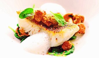 Pike-perch on a bed of spinach and chanterelles