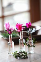 Cyclamen in small glass bottles and tiny wreaths