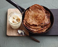 Vegan date pancakes with silken tofu cream