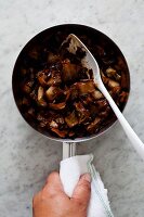 Browned cabbage in a pan