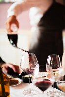 Red wine being poured into a glass, Domaine de la Romaneé-Conti, Burgundy, France