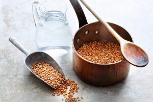 Getreidekörner in köchelndem Wasser quellen lassen (Kochstück)