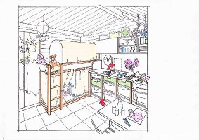 Illustration: Regale mit ausziehbaren Kunststoffkästen und Hochbett mit Himmel im Gartenhaus