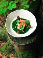 Saibling mit gefüllten Morcheln und Roggenbrot-Croûtons auf Spinat-Coulis, Restaurant 'Auberge Frankenbourg' in La Vancelle, Frankreich, Koch Sébastien Buecher