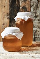 Homemade Kombucha tea in glass jars