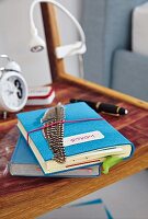 A notebook with blue felt cover and a quill pen on a bedside table