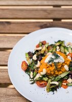 Sweet potato mash with fried asparagus and cherry tomatoes