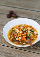 Sweet potato soup with mushrooms and red pepper